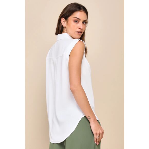 Lulus Chic Candidate White Collared Sleeveless Button-Up Top, Sz M - Picture 3 of 10